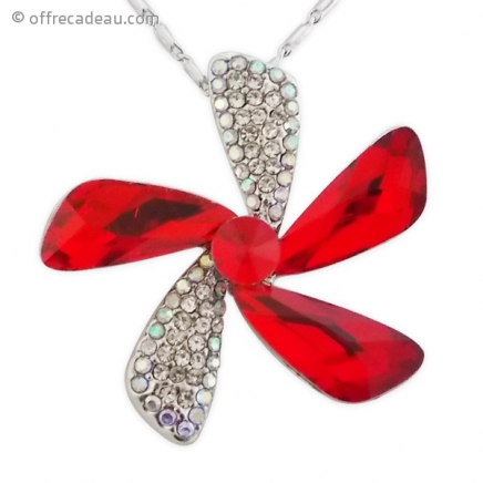 Collier à pendentif fleur rouge et pétales à strass 