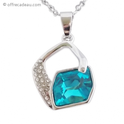 Collier argenté à strass et pendentif à faux cristal bleu turquoise