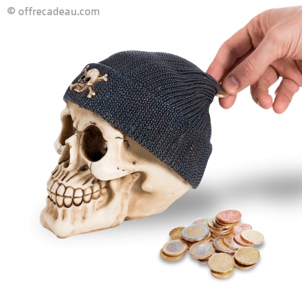 Tirelire en forme de crâne avec bonnet de pirate