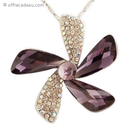 Collier pendentif fleur strass et fausse pierre violette