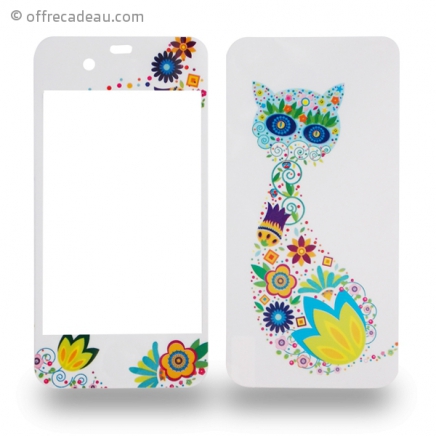 Sticker pour iPhone 4 blanc et chat en motif fleurs